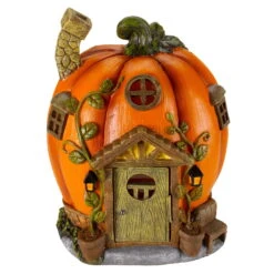 Solar-Häuschen „Kürbishaus“ In Orange-Schwarz Aus Polyresin, Maße H 25,5 Cm -Die grüne Ecke 2950100393 Solar Kuerbishaus H25 5cm 61344